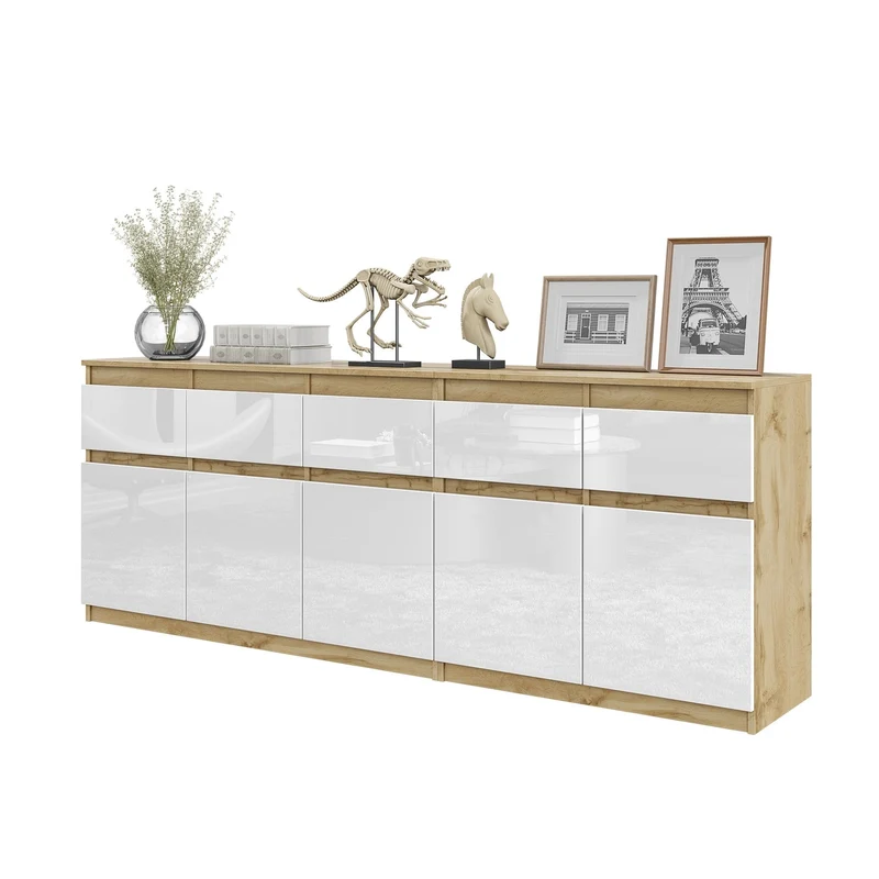 NOAH - Kommode mit 5 Schubladen und 5 Türen - Schlafzimmer Kommode Aufbewahrung Schrank Sideboard - Wotan Eiche / Weiß Glanz H75cm B200cm T35cm