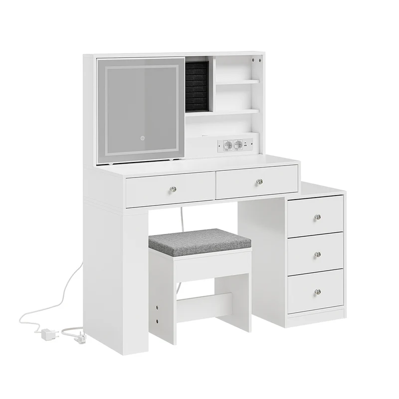 SoBuy Schminktisch mit LED-Beleuchtung, Ladestation und Hocker FWT114-E-W