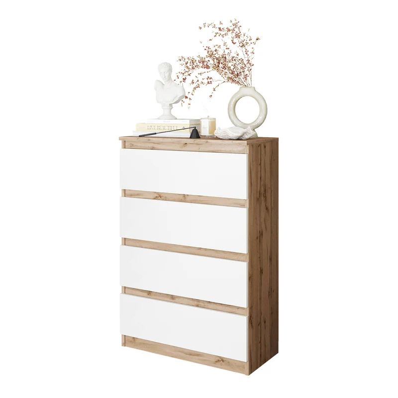 GABRIEL - Kommode / Sideboard mit 4 Schubladen - Wotan Eiche / Weiß Matt H92cm B60cm T33cm